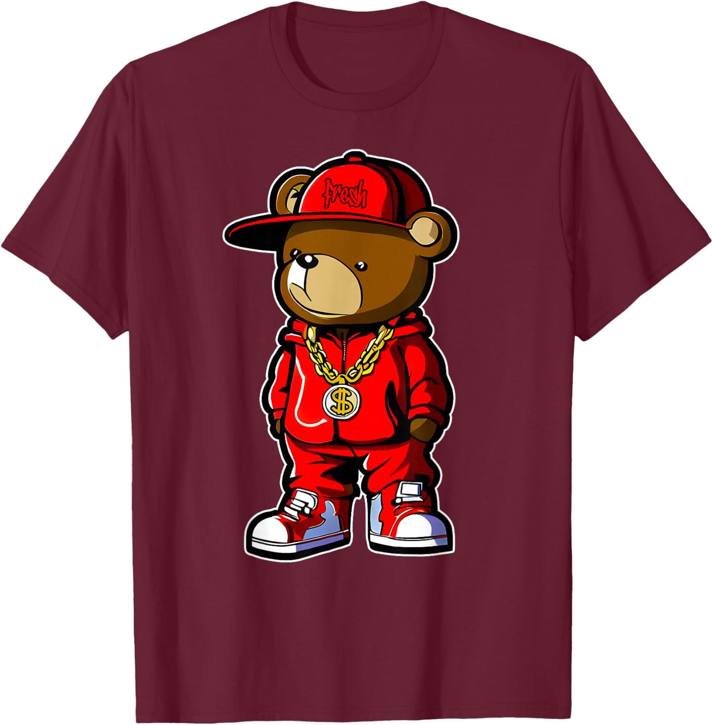 Cute Hip Hop Teddy Bear 90 Hip hop Clothing Graffiti T-Shirt - T-Shirt | Maroon