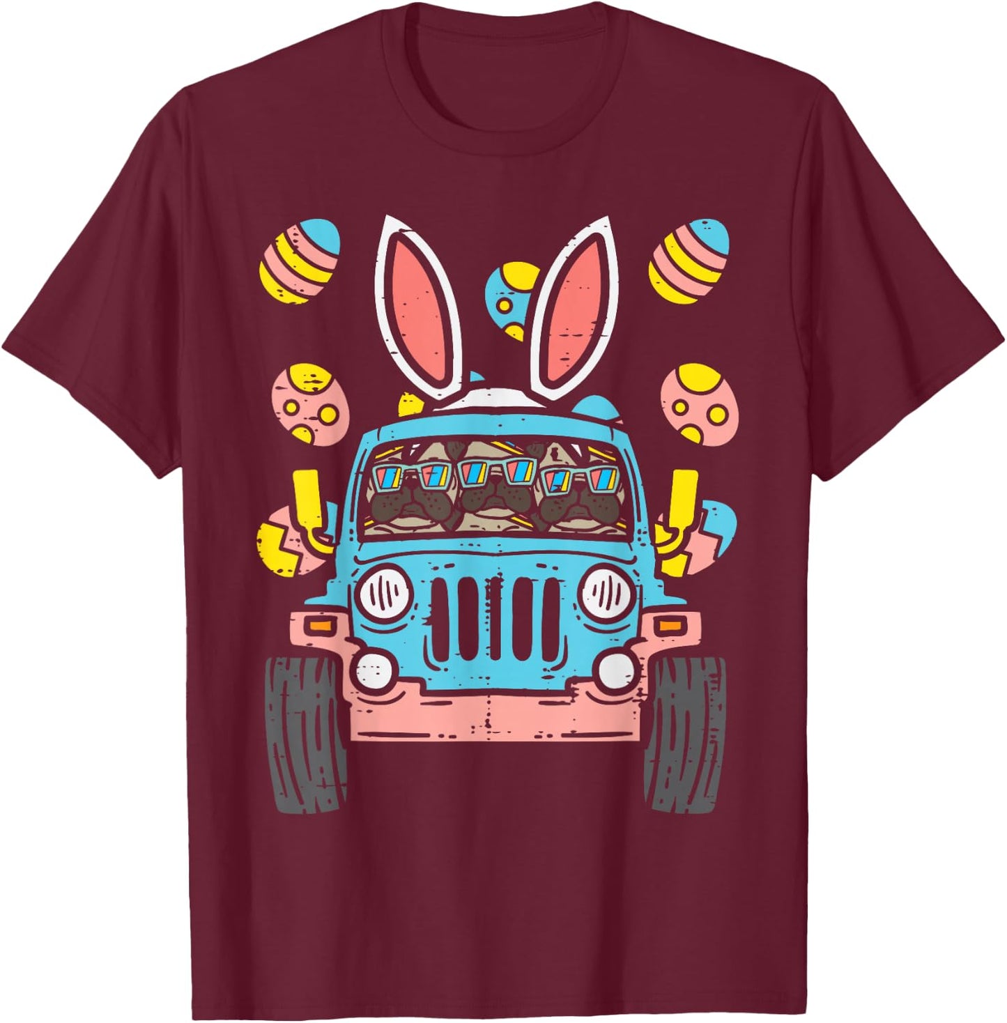 Pugs Monster Truck Bunny Ears Eggs Easter Egg Hunt Boys Kids T-Shirt - T-Shirt | Maroon