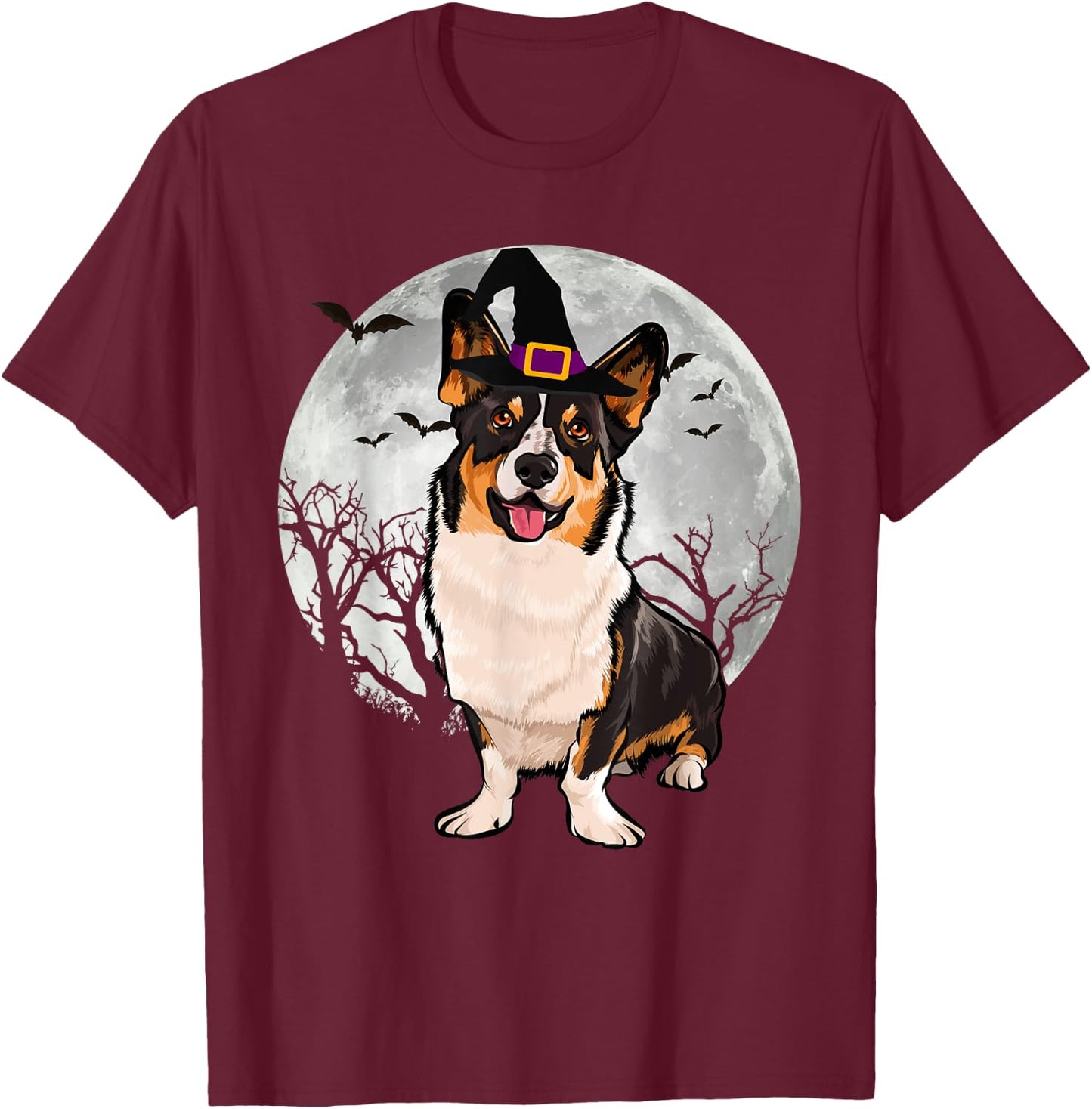 Scary Cardigan Welsh Corgi Dog Witch Hat Halloween T-Shirt - T-Shirt | Maroon