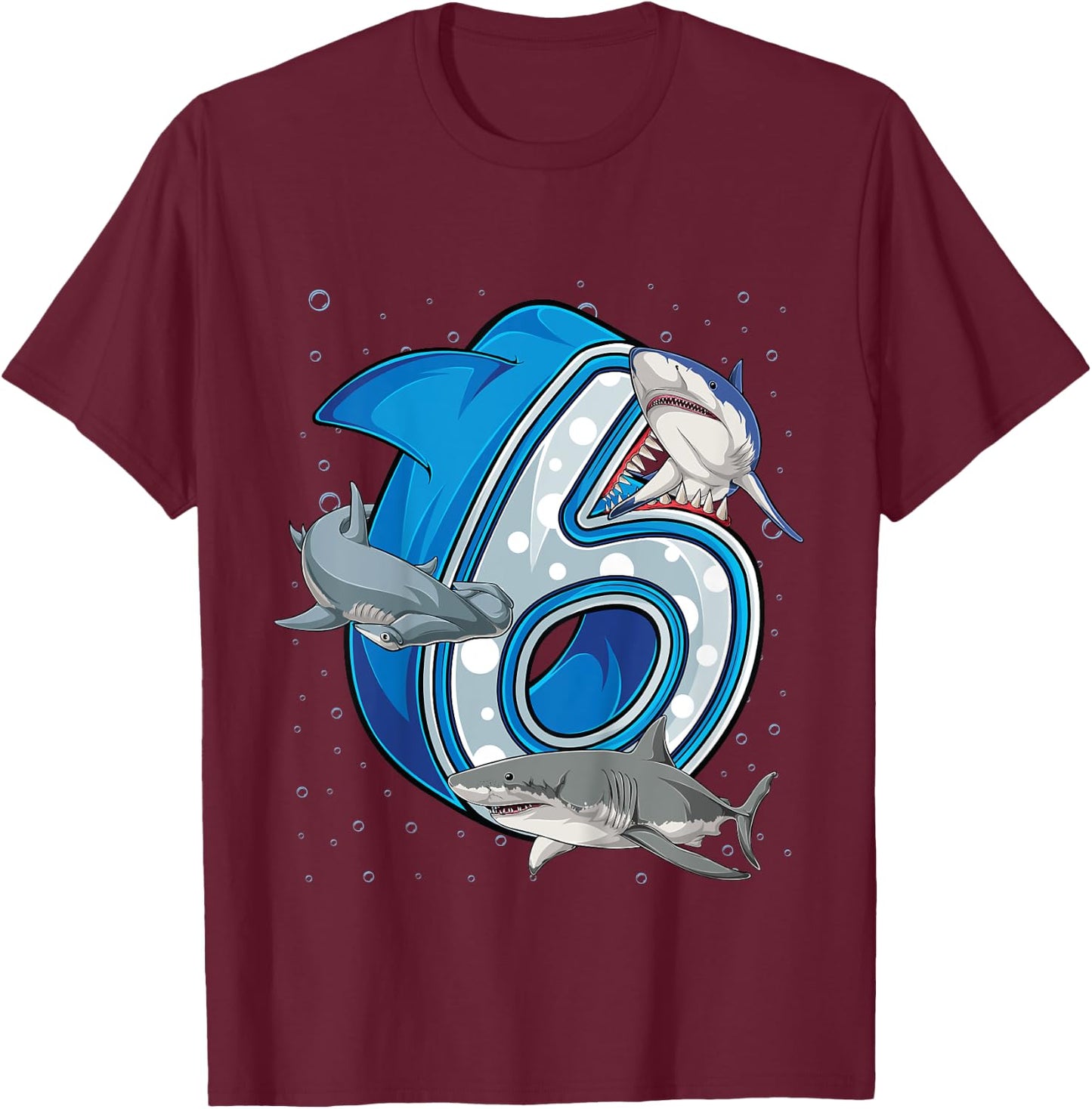 Kids 6th Birthday Boys Shark 6 years Old Ocean Shark B-day T-Shirt - T-Shirt | Maroon