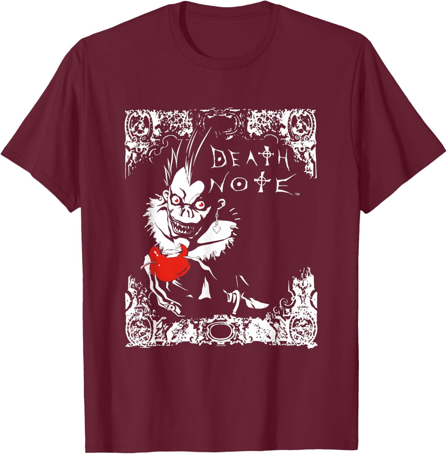 Death Note Ryuk Apple and Logo Filigree Anime T-Shirt - T-Shirt | Maroon