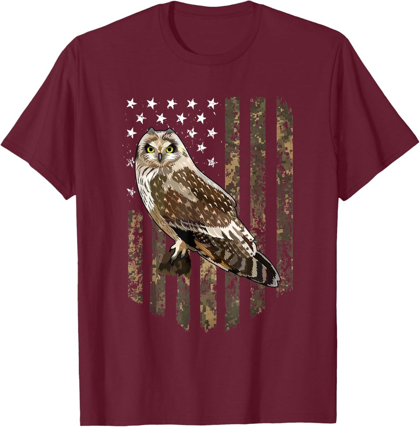 Camo American Flag Short-eared Owl Bird 4th Of July Women Men T-Shirt - T-Shirt | Maroon