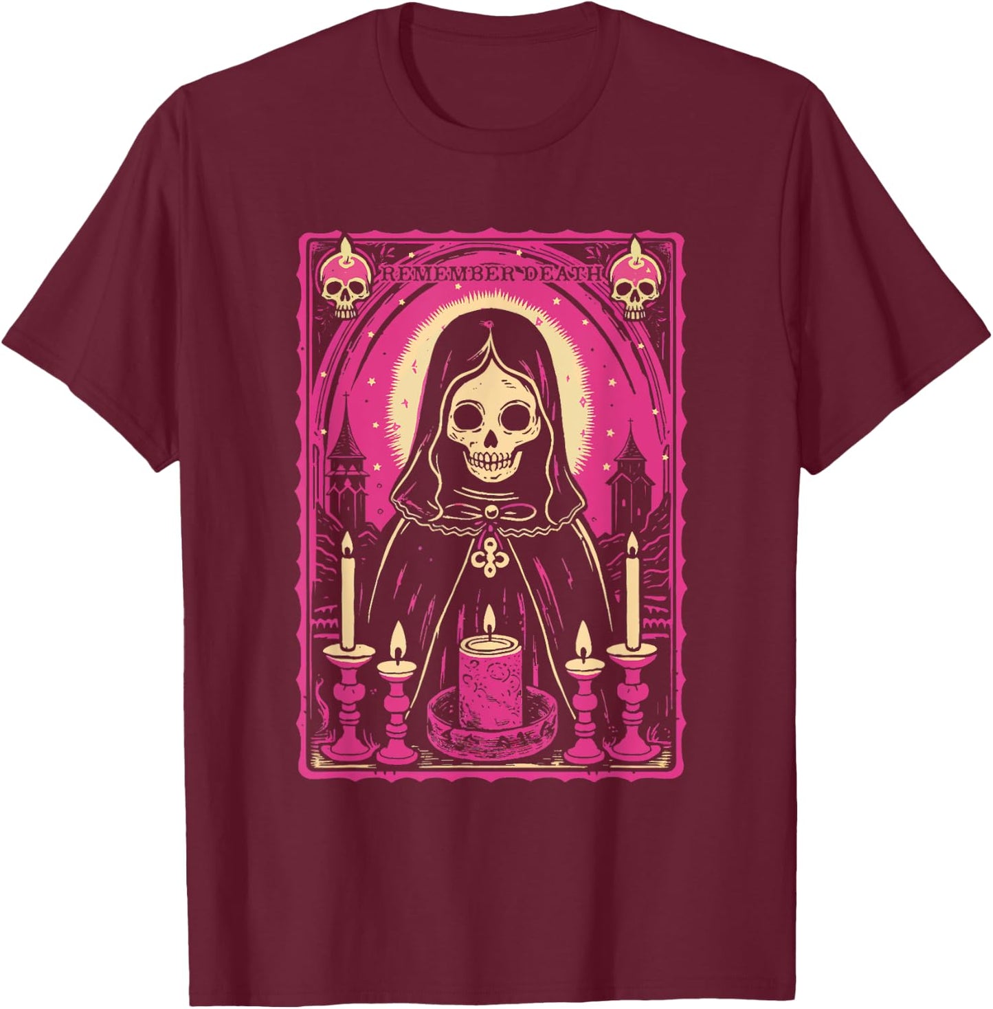 Remember Death Cute Pink Skeleton Skull Reaper w/ Candles T-Shirt - T-Shirt | Maroon