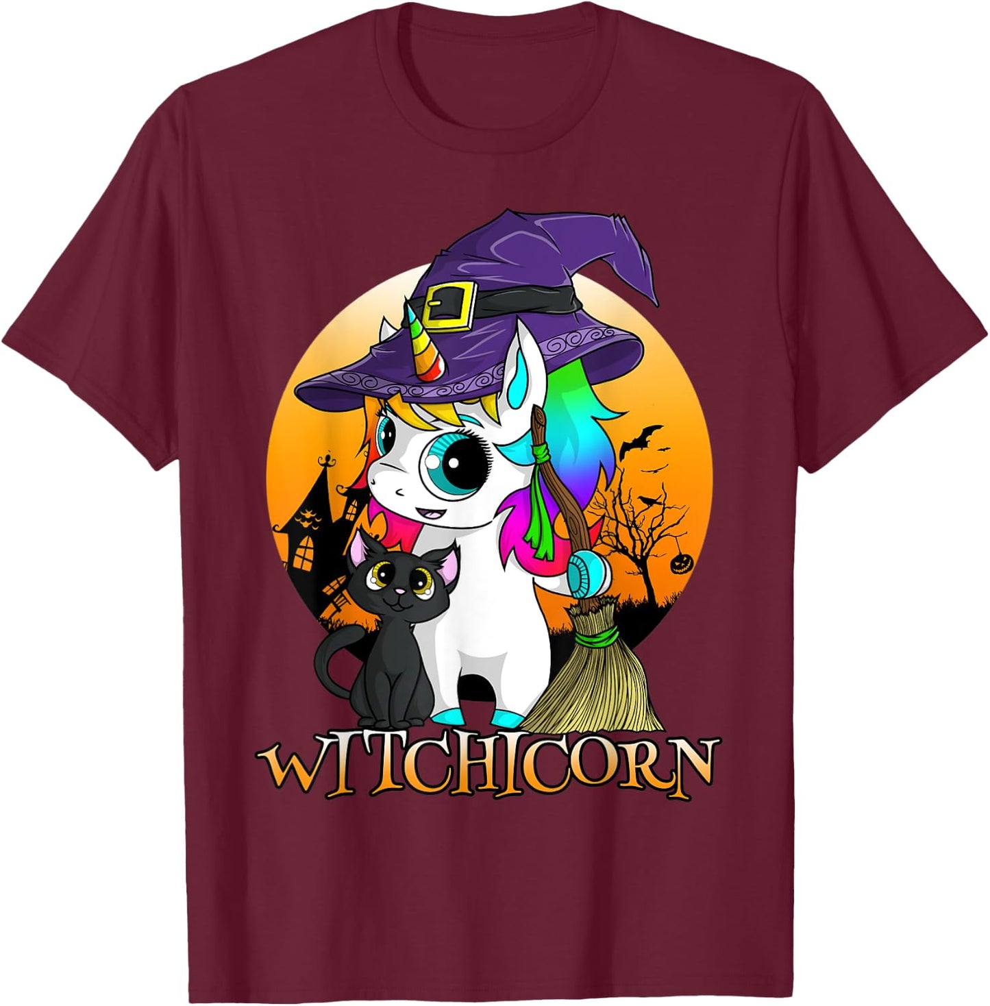 Witchicorn Unicorn Witch Halloween Black Cat Orange Moon T-Shirt - T-Shirt | Maroon