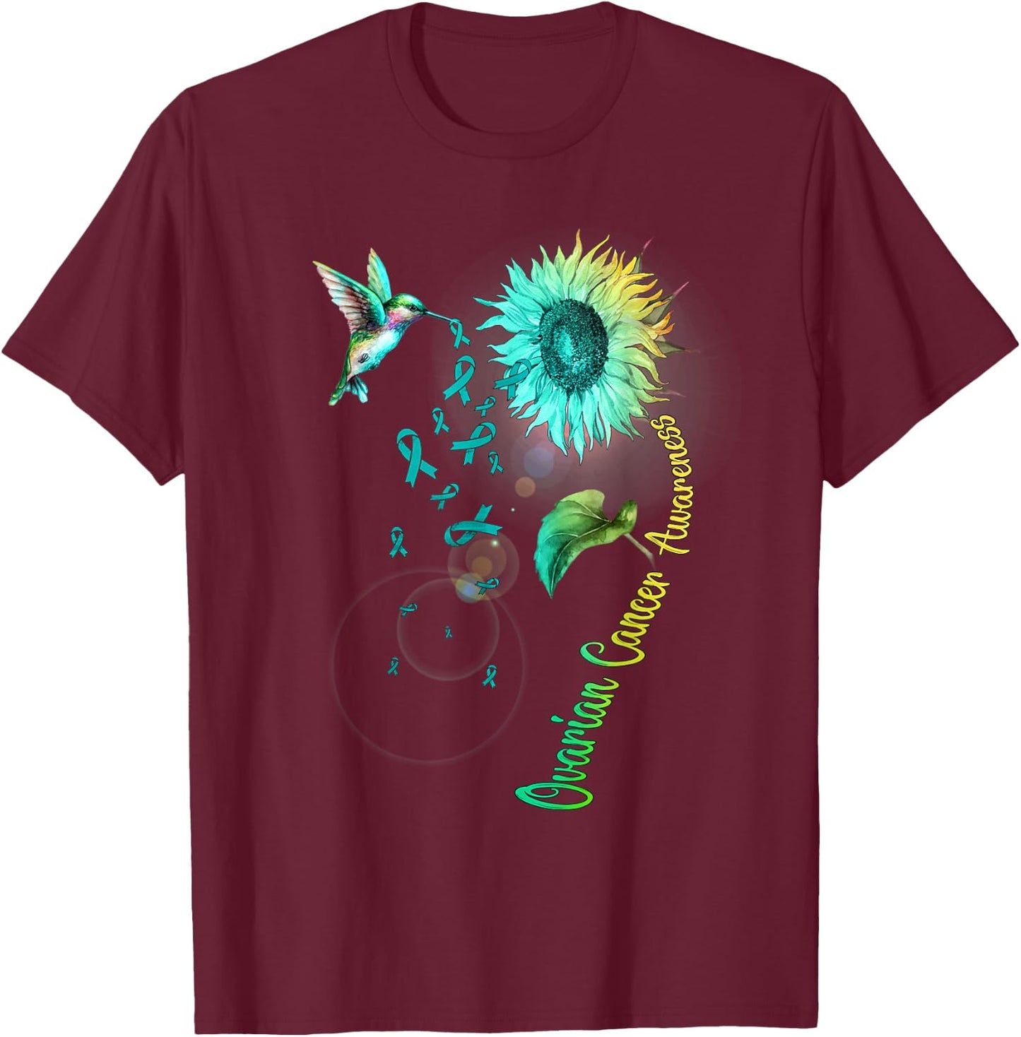 Ovarian Cancer Sunflower Hummingbird T-Shirt - T-Shirt | Maroon