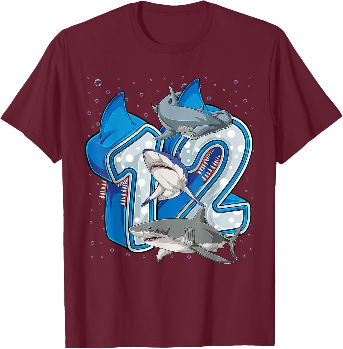 12th Birthday Boys Shark 12 years Old Ocean Shark B-day T-Shirt - T-Shirt | Maroon