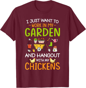 Garden CG Women's I Just Want To Work In My Garden And Hangout With Chickens Black Cotton Blend T-Shirt - T-Shirt | Maroon