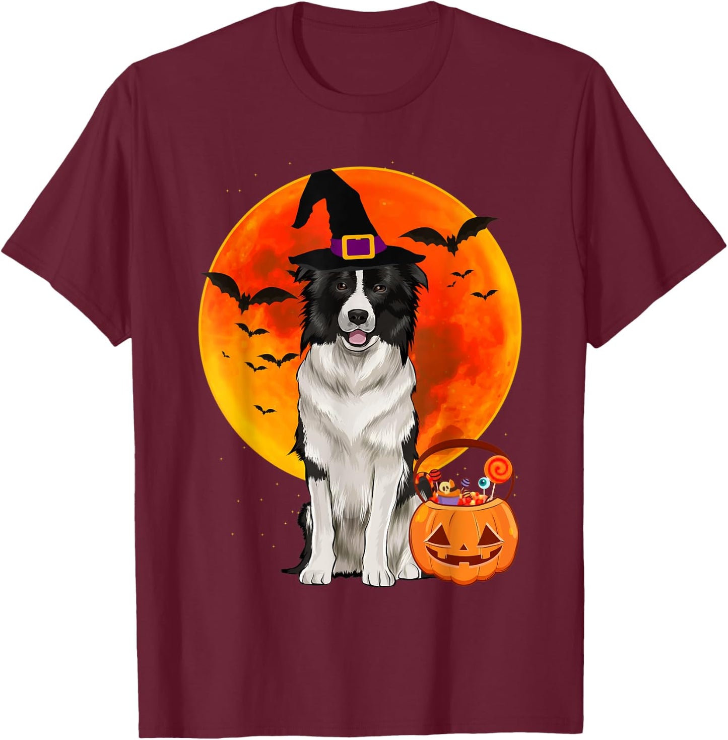 Dog Halloween Border Collie Jack O Lantern Pumpkin T-Shirt - T-Shirt | Maroon