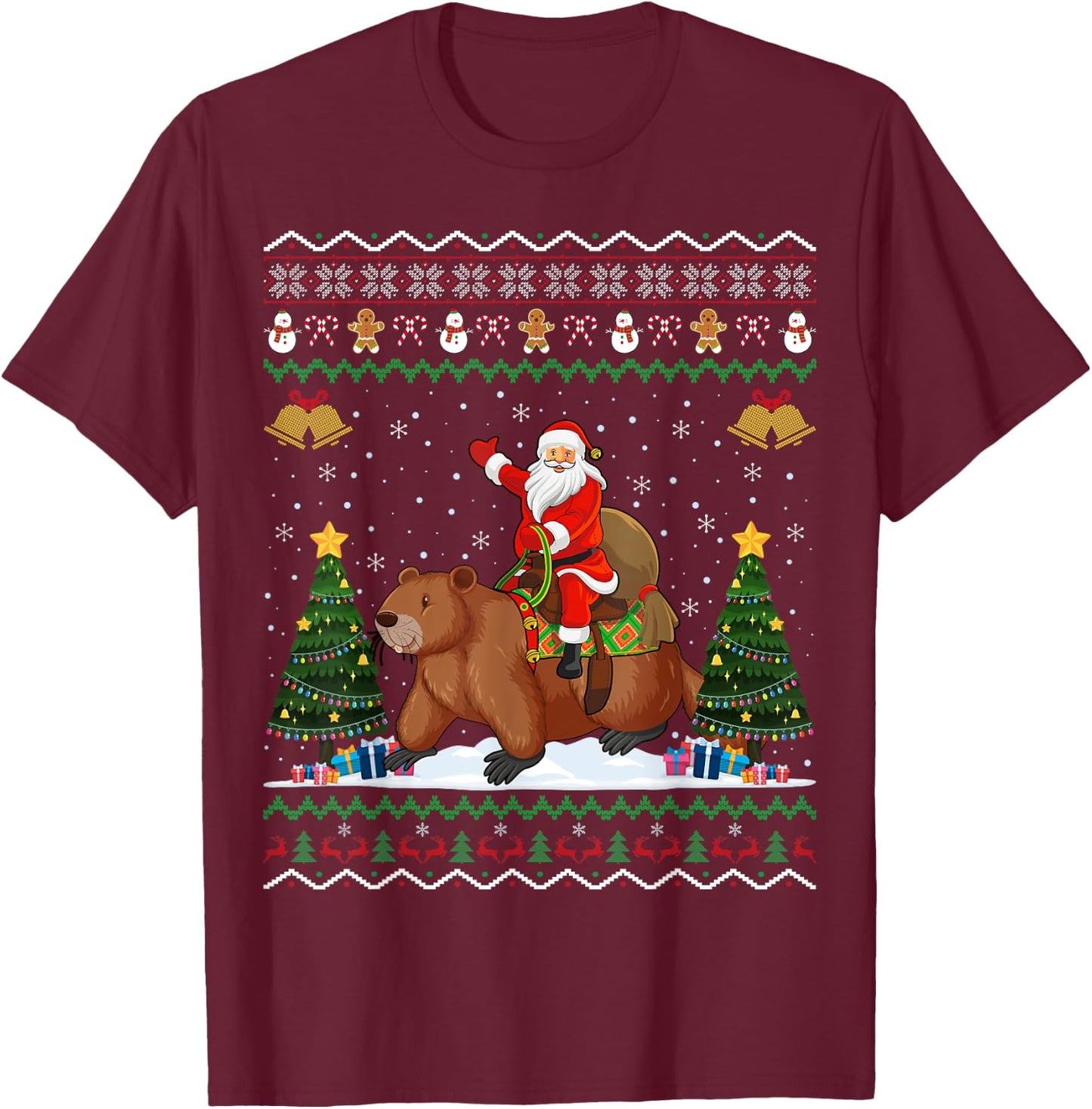 Beaver Ugly Xmas Gift Funny Santa Riding Beaver Christmas T-Shirt - T-Shirt | Maroon