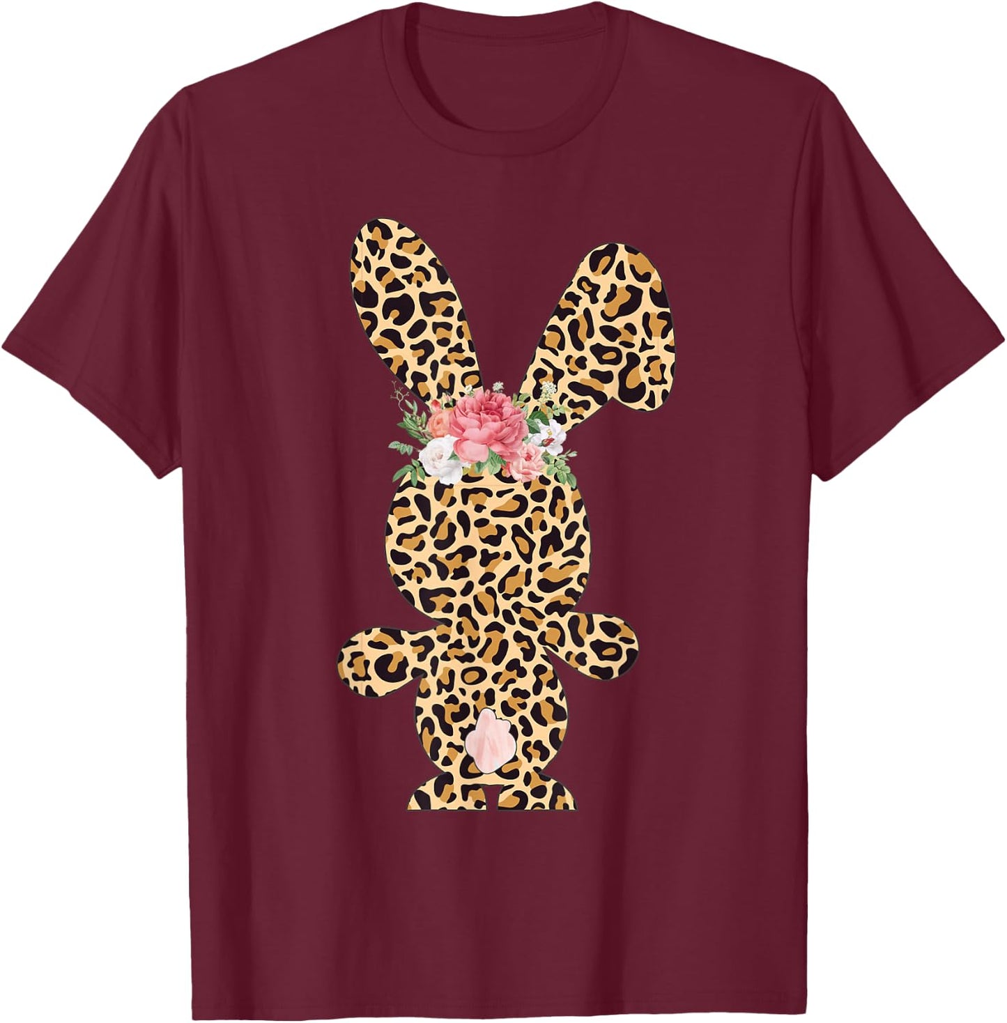 Leopard Print Bunny Flowers Girls Women Happy Easter T-Shirt - T-Shirt | Maroon
