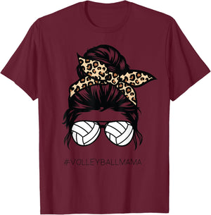 Volleyball Mom Leopard Ball messy hair bun Mother's Day T-Shirt - T-Shirt | Maroon