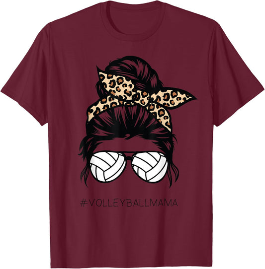Volleyball Mom Leopard Ball messy hair bun Mother's Day T-Shirt - T-Shirt | Maroon