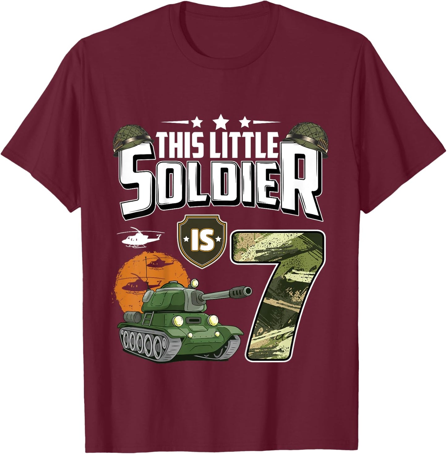 Kids 7 Year Old Soldier 7th Birthday Military Themed Camo boys T-Shirt - T-Shirt | Maroon