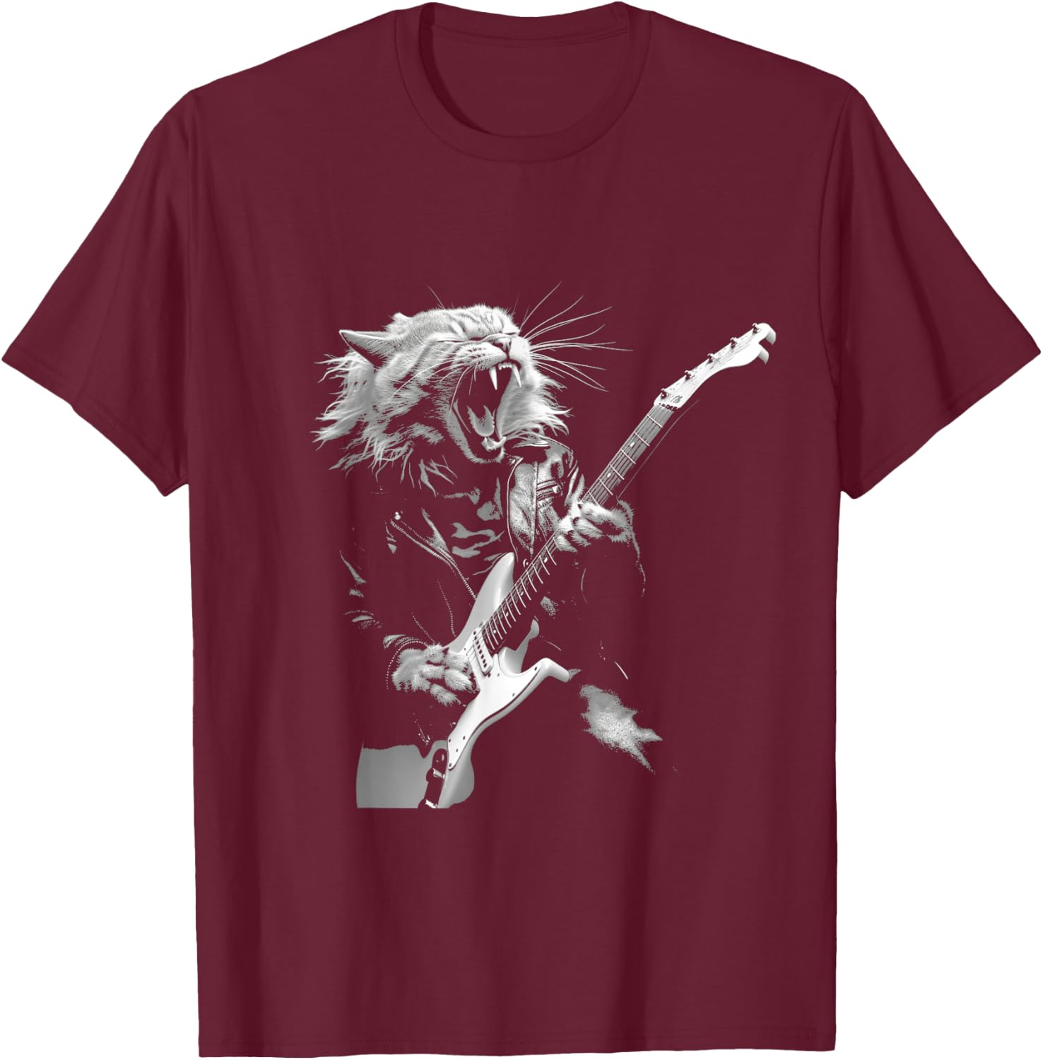 Rock Cat Playing Guitar Funny Guitar Cat Design T-Shirt - T-Shirt | Maroon
