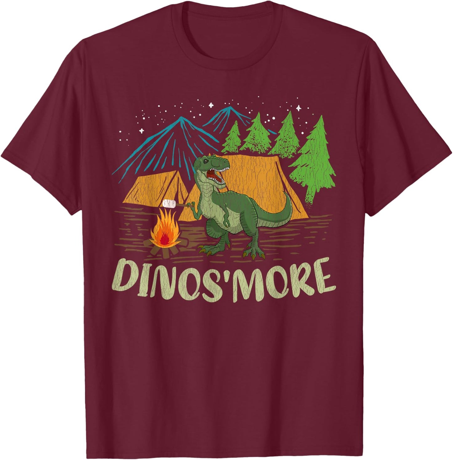Camping S'more Dinosaur Lover Funny Dinosaur Camping - Black, -Adults, Short Sleeve, Classic Fit, Small T-Shirt - T-Shirt | Maroon