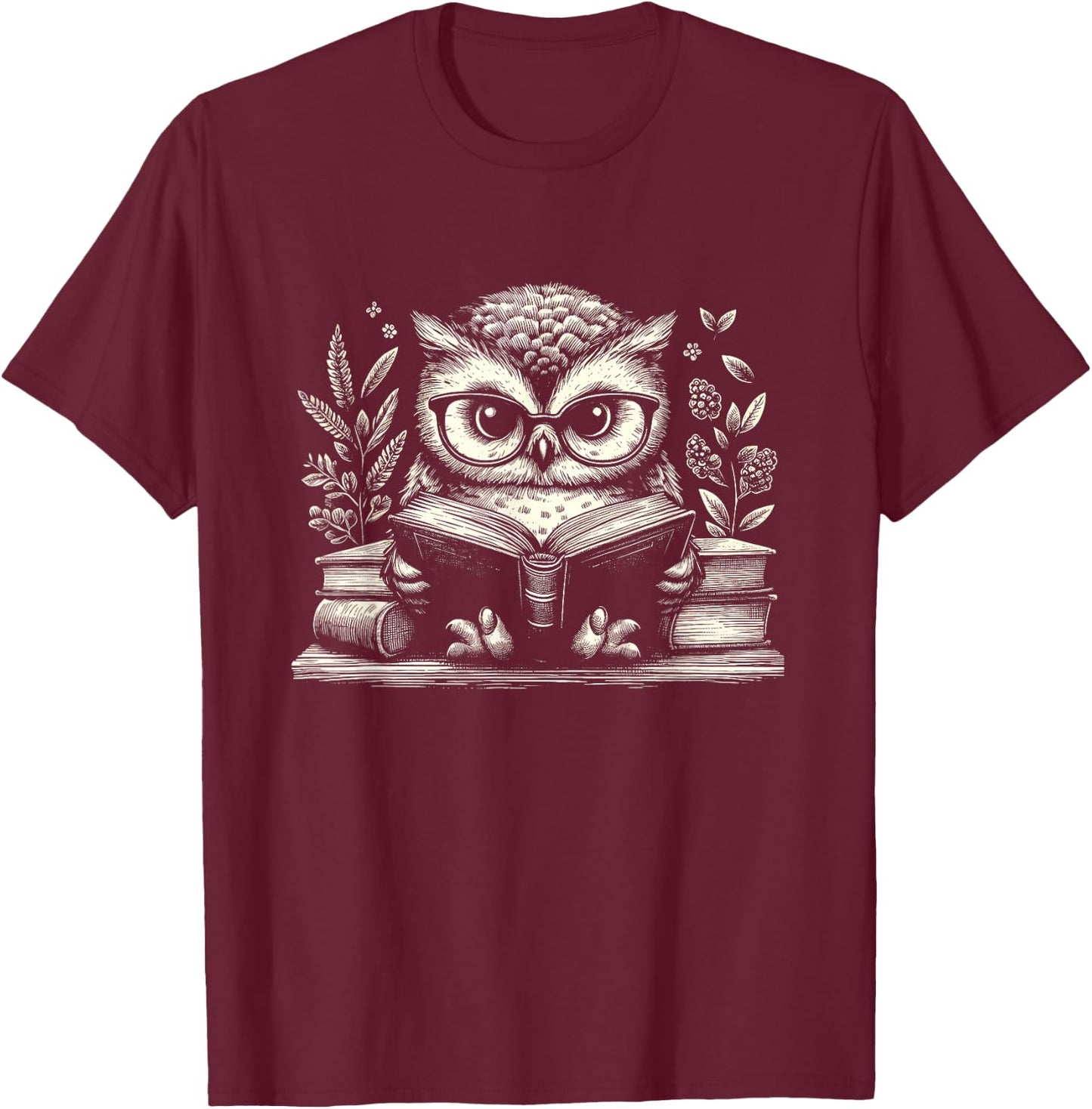 Cute Owl Reading Book Graphic Art Design T-Shirt - T-Shirt | Maroon