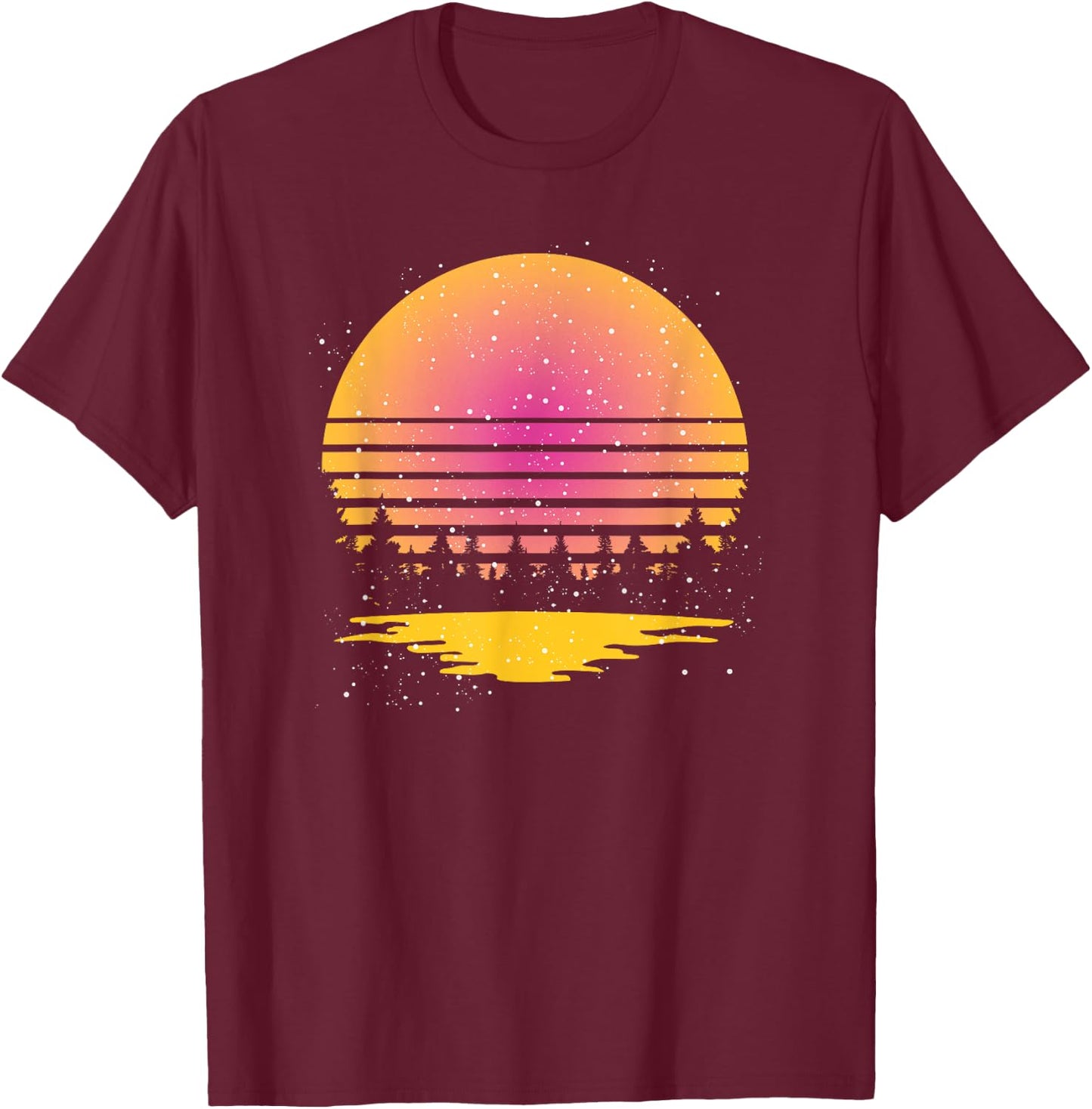 Retro Nature Wildlife Trees Reflection Full Moon Forest T-Shirt - T-Shirt | Maroon