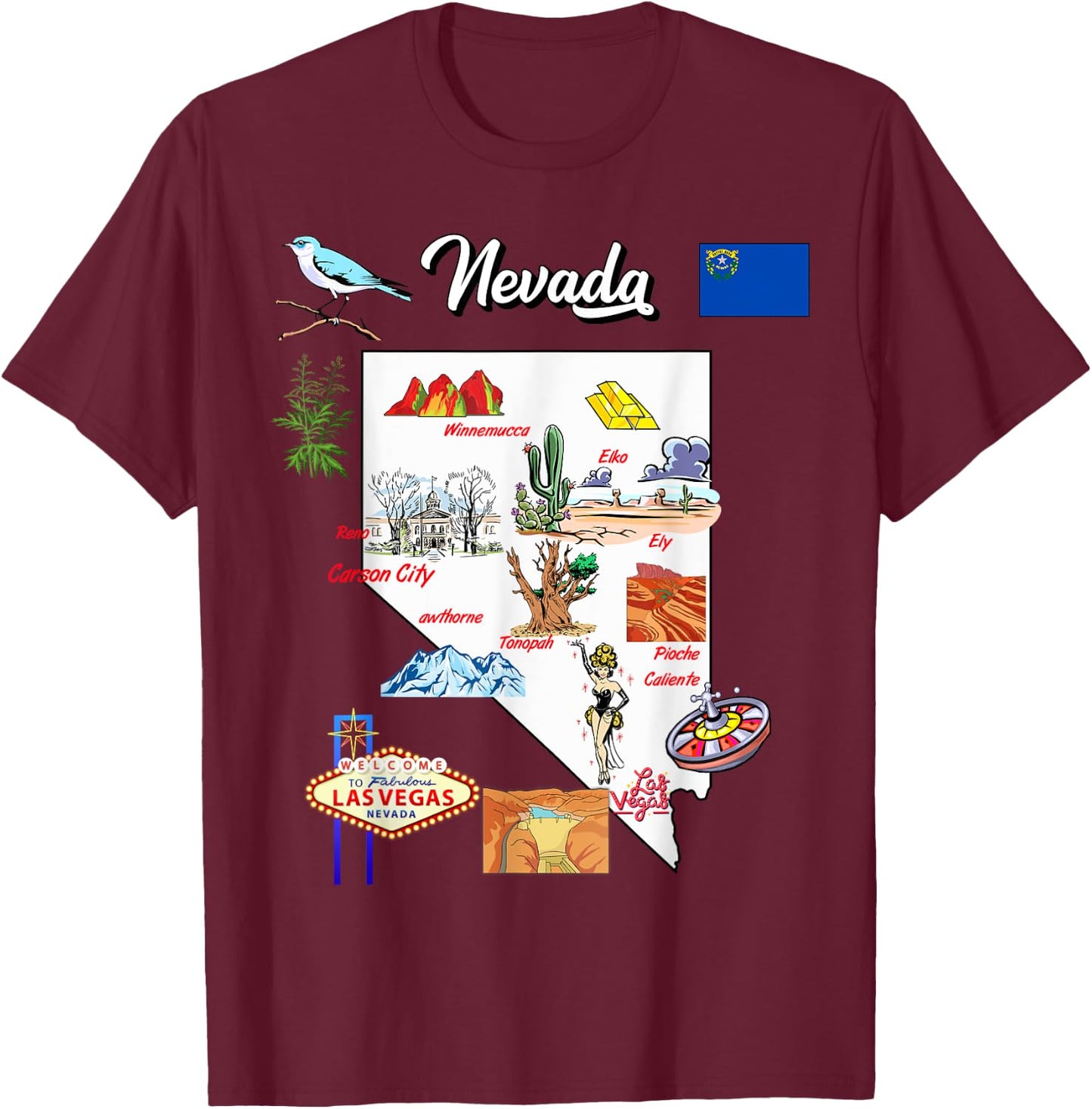 illustrated Map of Nevada in US with the Cities and symbols T-Shirt - T-Shirt | Maroon