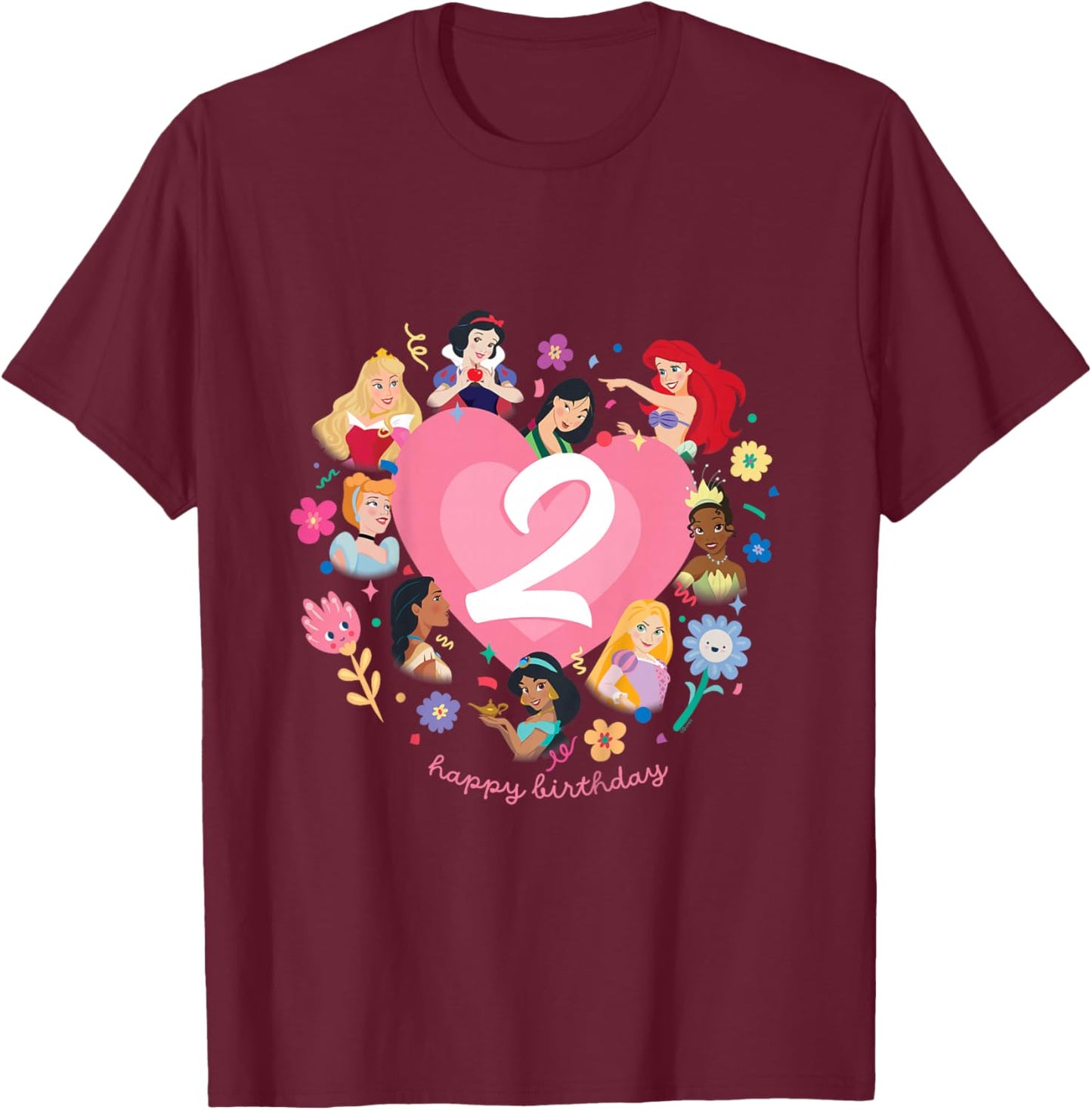 Disney Princess Heart 2 Years Old Happy Second Birthday T-Shirt - T-Shirt | Maroon