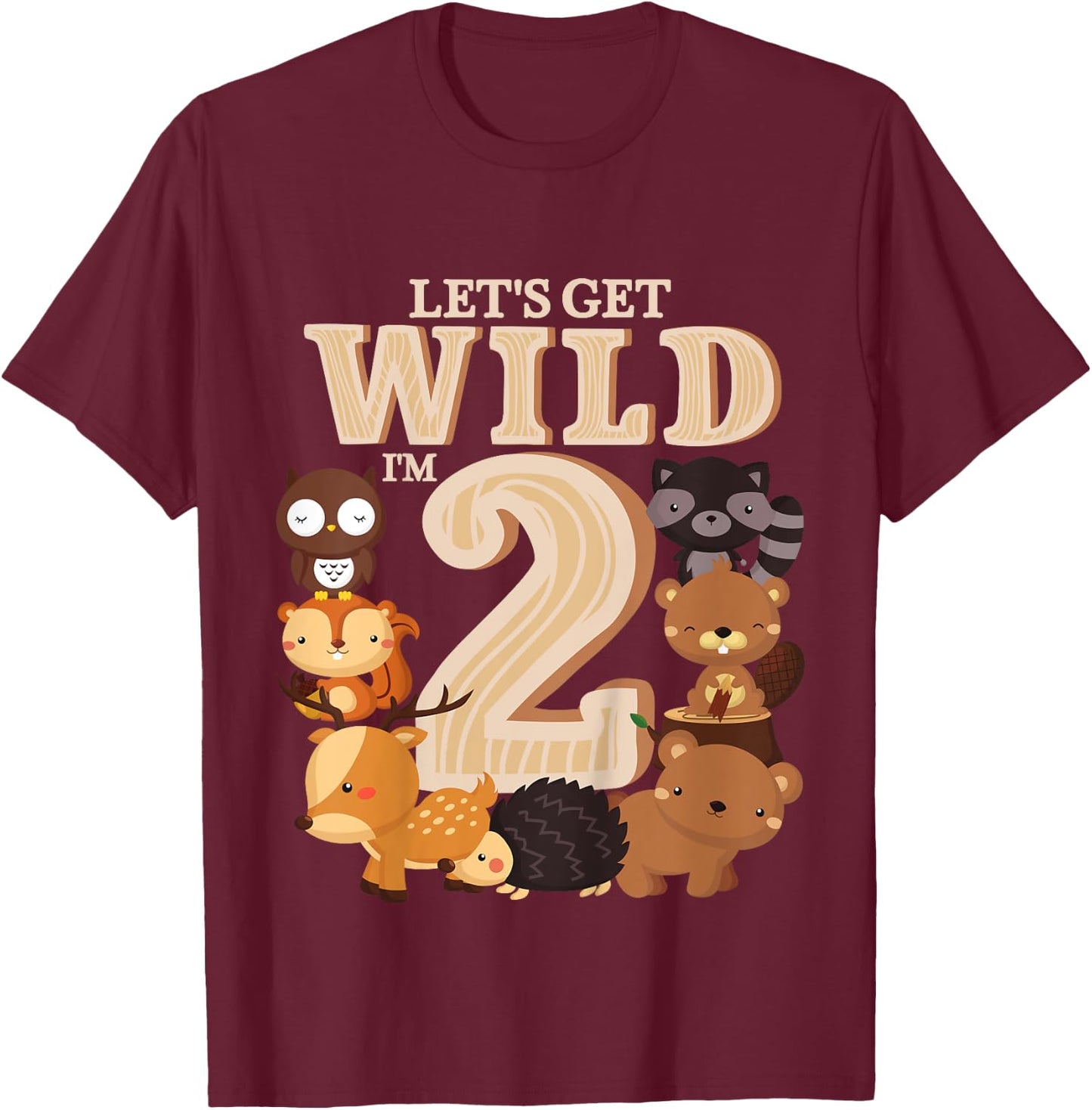 2 Year Old Woodland Animals Birthday Wild Forest 2nd Gift T-Shirt - T-Shirt | Maroon