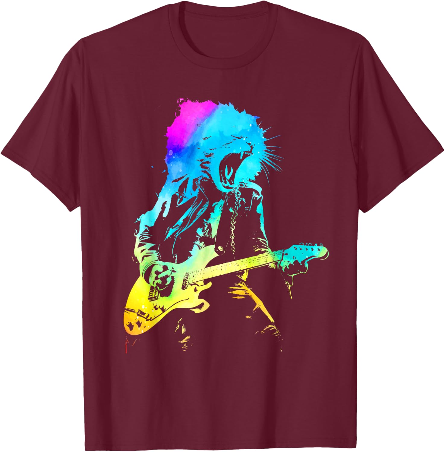 Colorful Rock Cat Playing Guitar Funny Guitar Cat Women T-Shirt - T-Shirt | Maroon