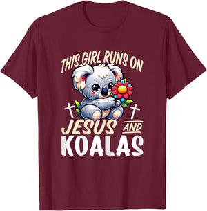Koala Bear Lover Girls - This Girl Runs on Jesus and Koalas T-Shirt - T-Shirt | Maroon