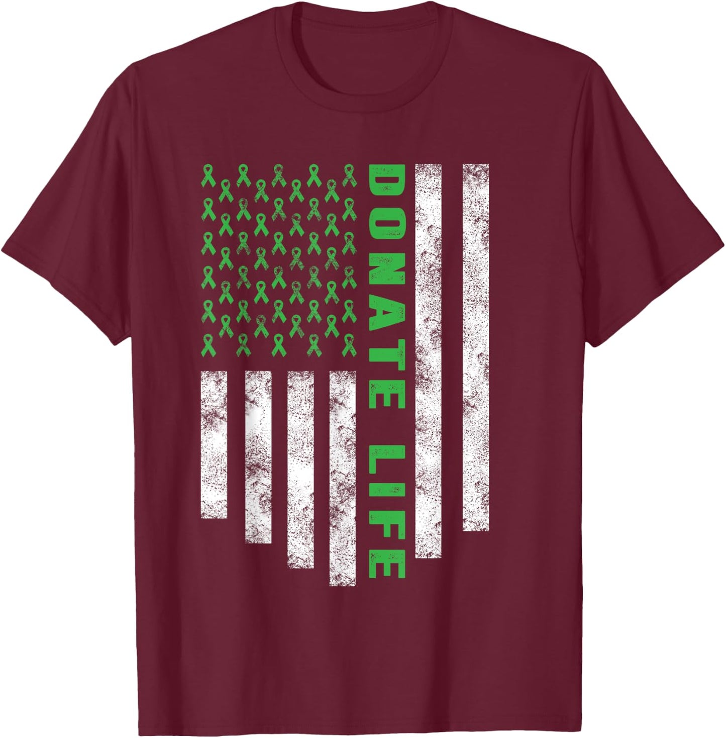 Organ Transplant Awareness USA Flag Donate Life Green Ribbon T-Shirt - T-Shirt | Maroon
