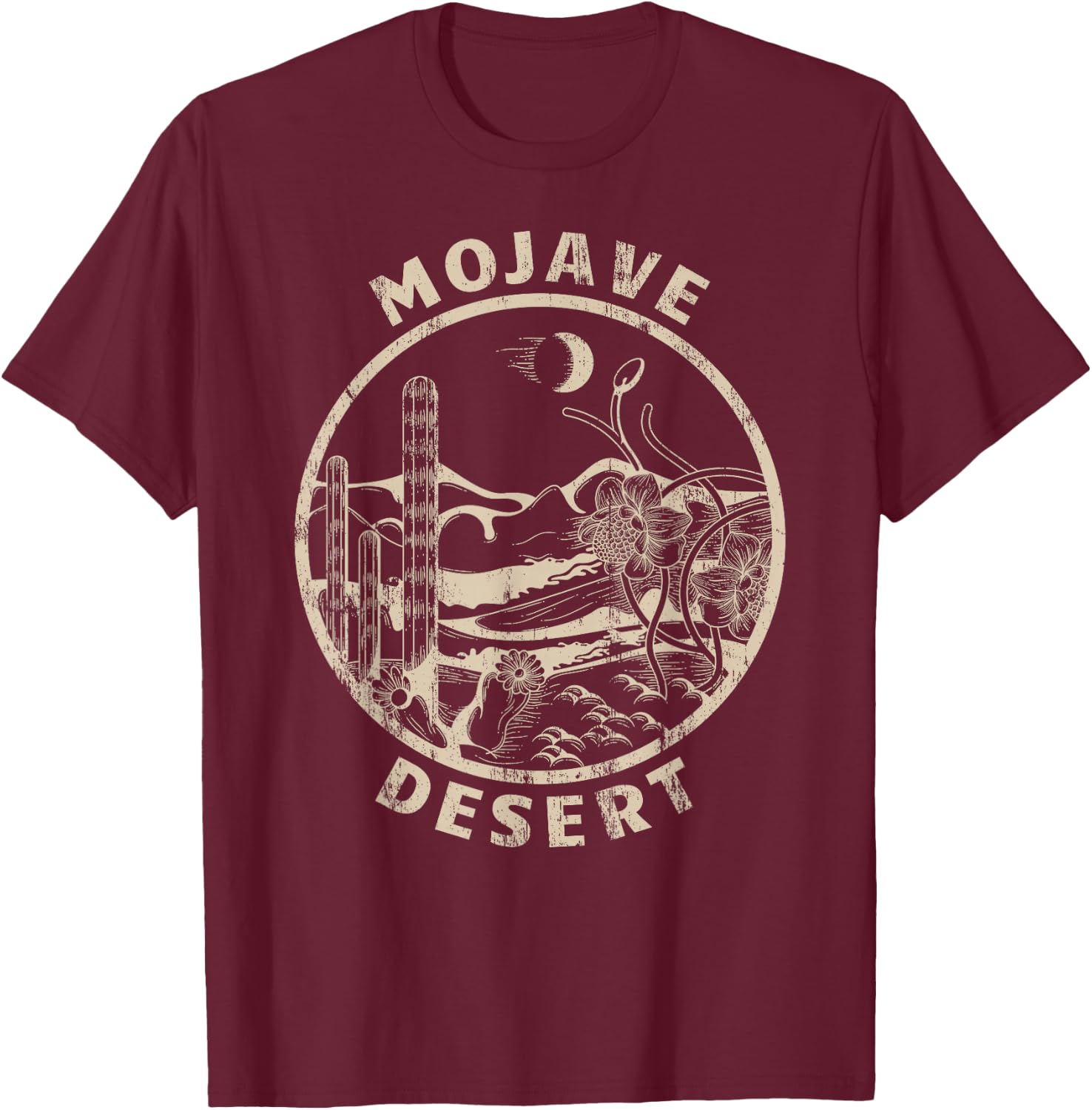 Mojave Desert Linocut Distressed Desert T-Shirt - T-Shirt | Maroon