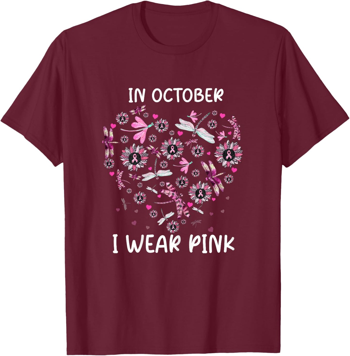 Sunflower Dragonfly Pink Breast Cancer Awareness Women T-Shirt - T-Shirt | Maroon