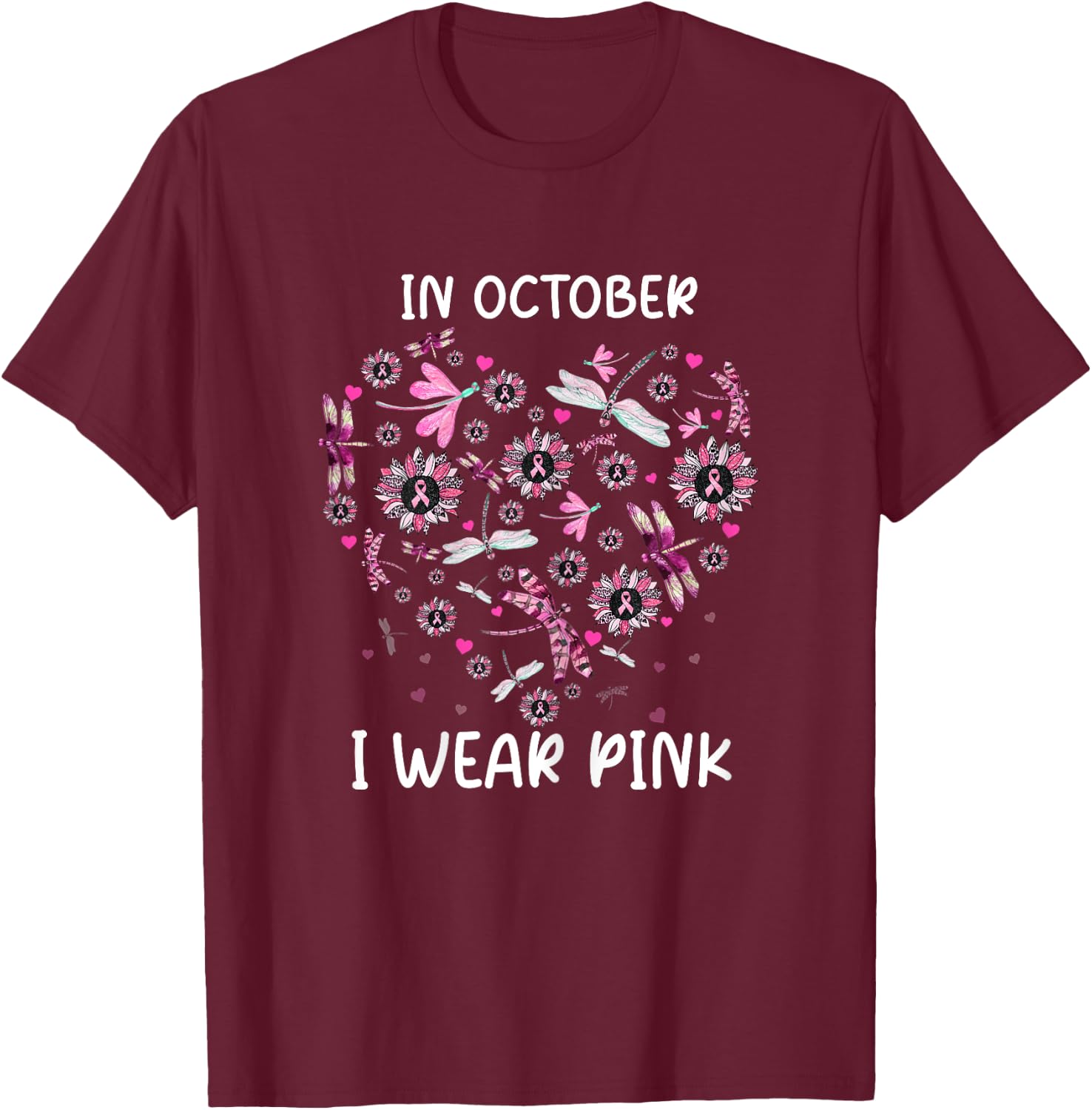 Sunflower Dragonfly Pink Breast Cancer Awareness Women T-Shirt - T-Shirt | Maroon