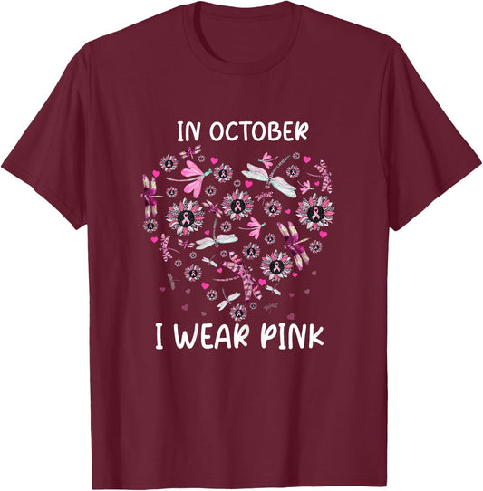 Sunflower Dragonfly Pink Breast Cancer Awareness Women T-Shirt - T-Shirt | Maroon