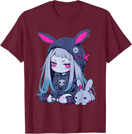 Cute E-Girl Anime Girl Goth Bunny Grunge Gothic Outfit T-Shirt - T-Shirt | Maroon