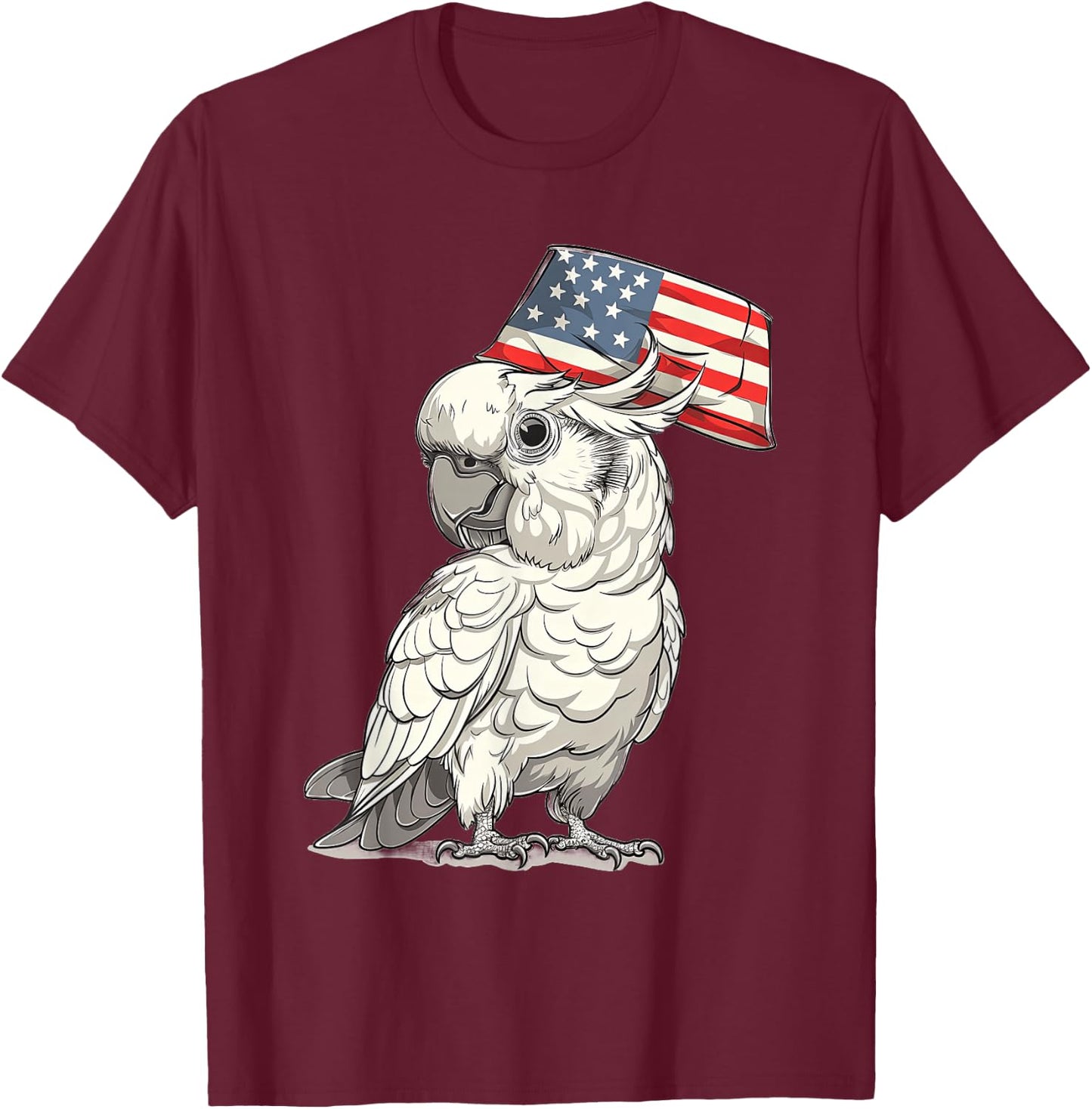 Umbrella Cockatoo with USA Hat T-Shirt - T-Shirt | Maroon