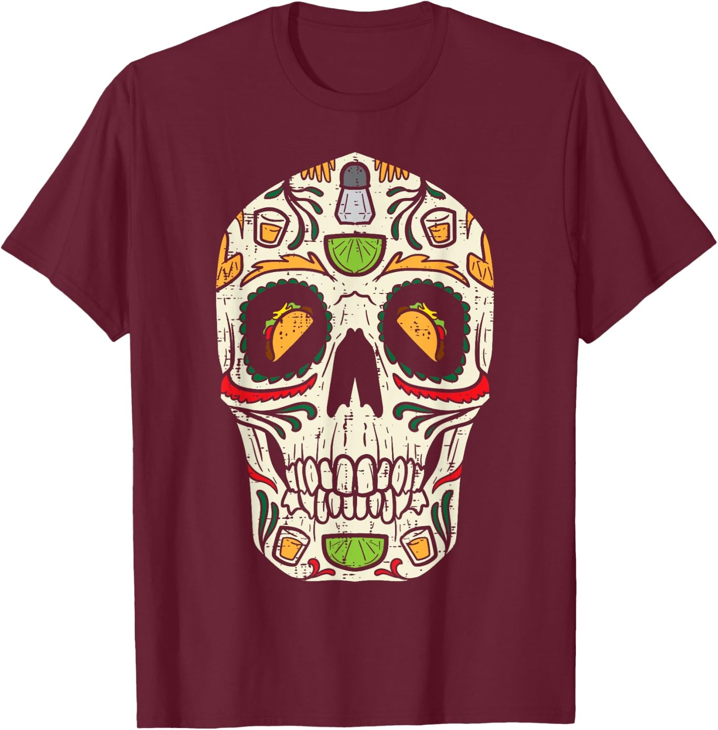 Sugar Skull Taco Tequila Pub Cinco De Mayo Calavera Mexican T-Shirt - T-Shirt | Maroon