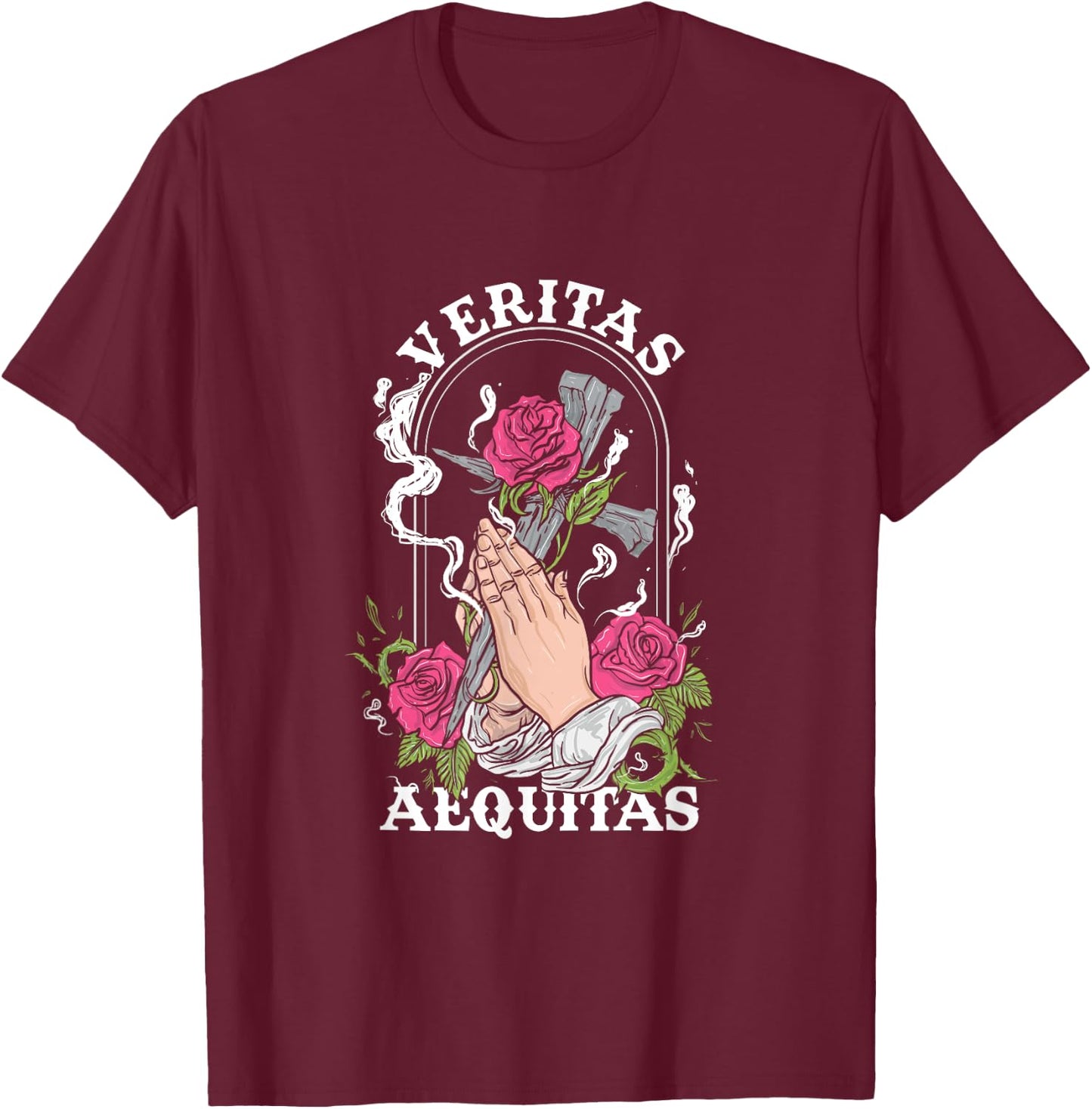 Veritas Aequitas Cross Roses Praying Hands Pray God Gift T-Shirt - T-Shirt | Maroon