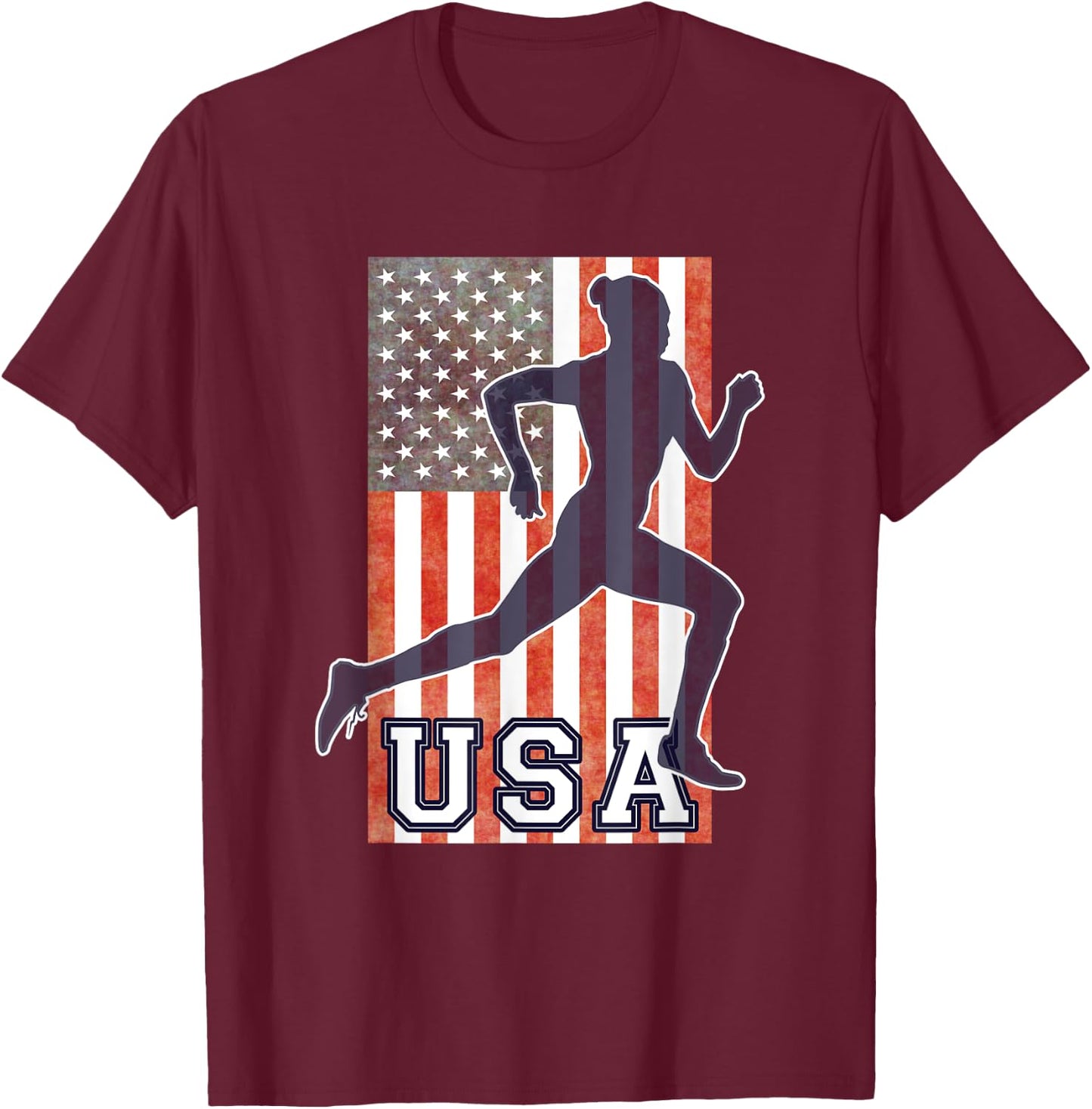 USA Women Running Track & Field Team American Flag Runner T-Shirt - T-Shirt | Maroon
