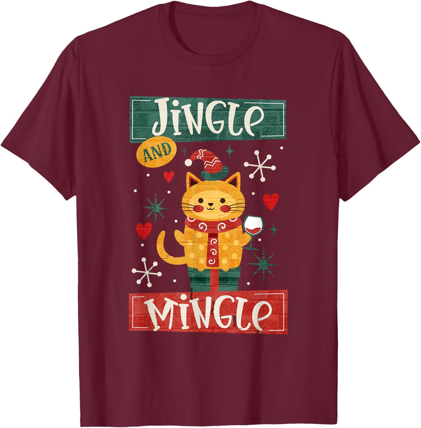 Jingle & Mingle Christmas Holiday Cat Party Wine Adult T-Shirt - T-Shirt | Maroon