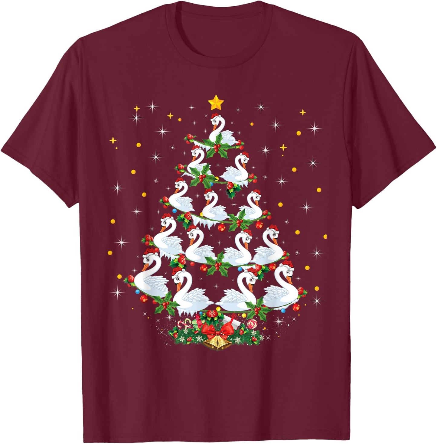 Funny Swans Bird Lover Xmas Gift Swans Christmas Tree T-Shirt - T-Shirt | Maroon