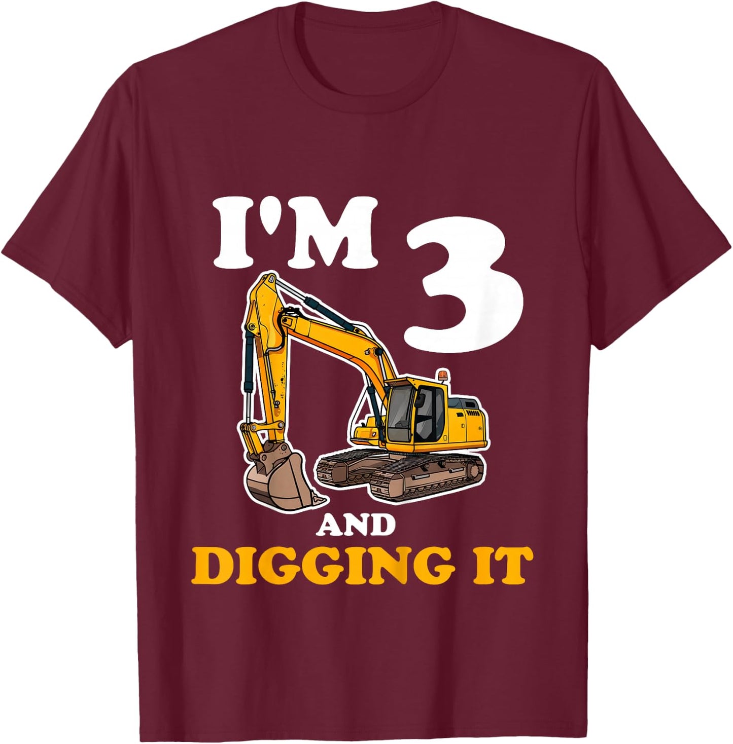 Kids Three 3yr 3rd Birthday Construction Boy 3 Years Old T-Shirt - T-Shirt | Maroon