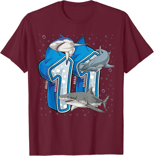 11th Birthday Boys Shark 11 years Old Ocean Shark B-day T-Shirt - T-Shirt | Maroon