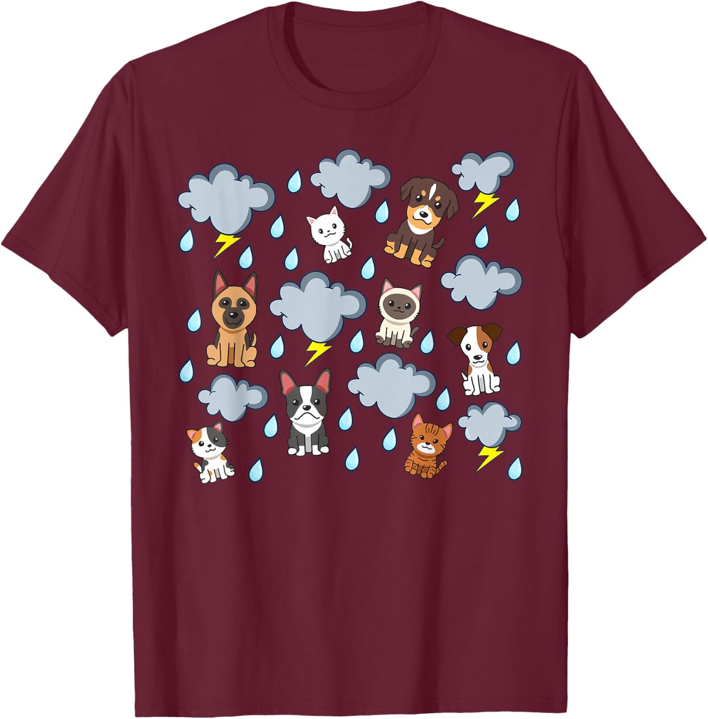 Raining Cats and Dogs Rain English Idiom Pets Puppies Kitten T-Shirt - T-Shirt | Maroon