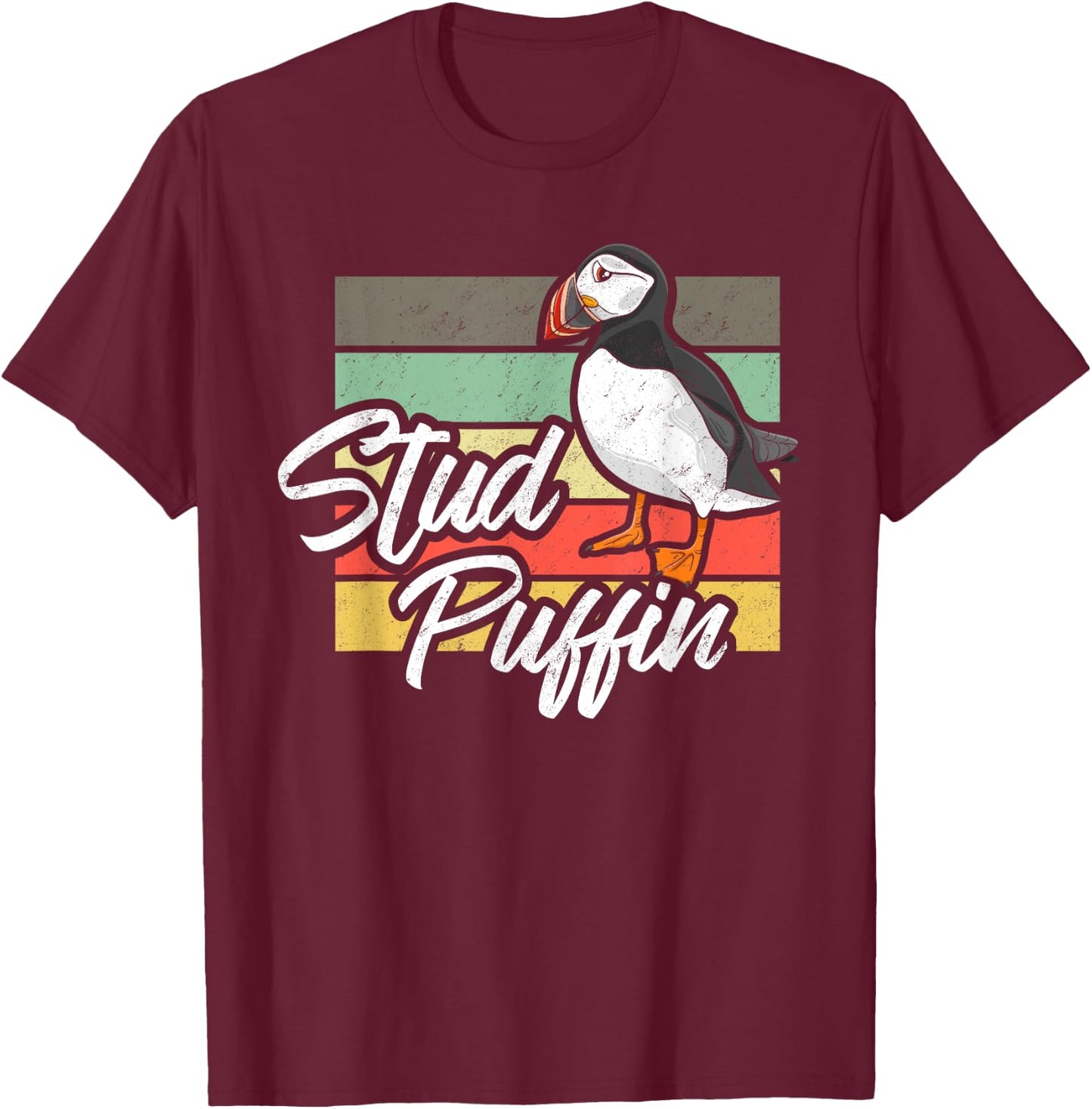 Stud Puffin - Funny Bird Seabird Vintage Retro T-Shirt - T-Shirt | Maroon