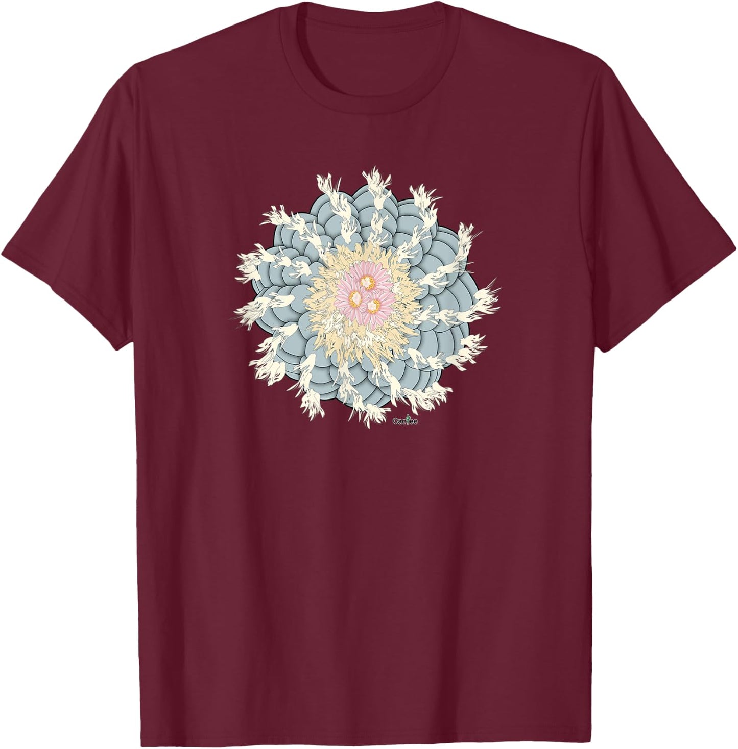 Lophophora Williamsii Spiral Peyote with Flowers T-Shirt - T-Shirt | Maroon