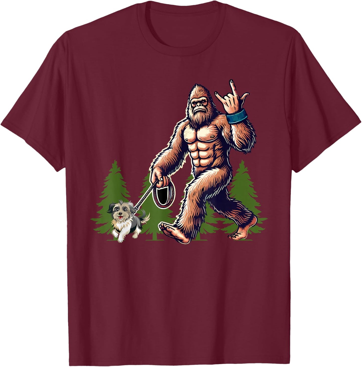 Funny Shih Tzu Bigfoot Dog Walking Dog Mom Dad Kids T-Shirt - T-Shirt | Maroon