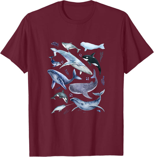 Watercolor Whale Aesthetic Blue Ocean Whales Dolphin Lover T-Shirt - T-Shirt | Maroon
