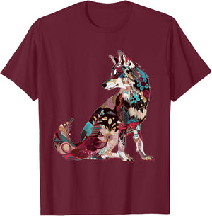 Wolf Vintage Flowers Floral Wolf Lover T-Shirt - T-Shirt | Maroon