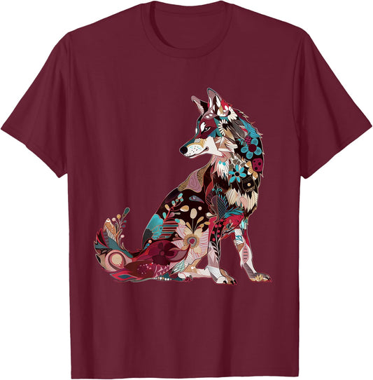 Wolf Vintage Flowers Floral Wolf Lover T-Shirt - T-Shirt | Maroon