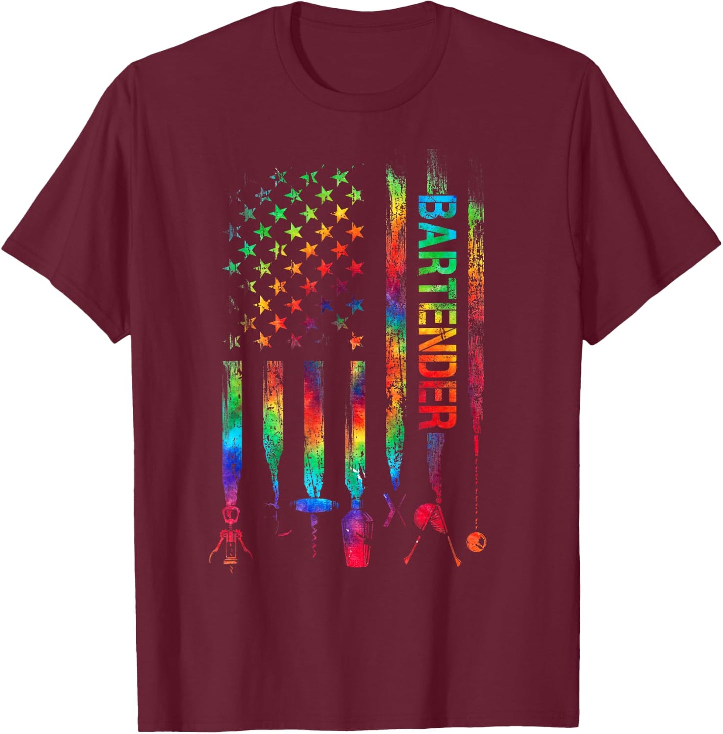 Bartender With American Flag Tie Dye Bartending Father's day T-Shirt - T-Shirt | Maroon