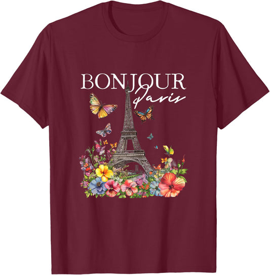 Bonjour Paris Floral Eiffel Tower France French Souvenirs T-Shirt - T-Shirt | Maroon