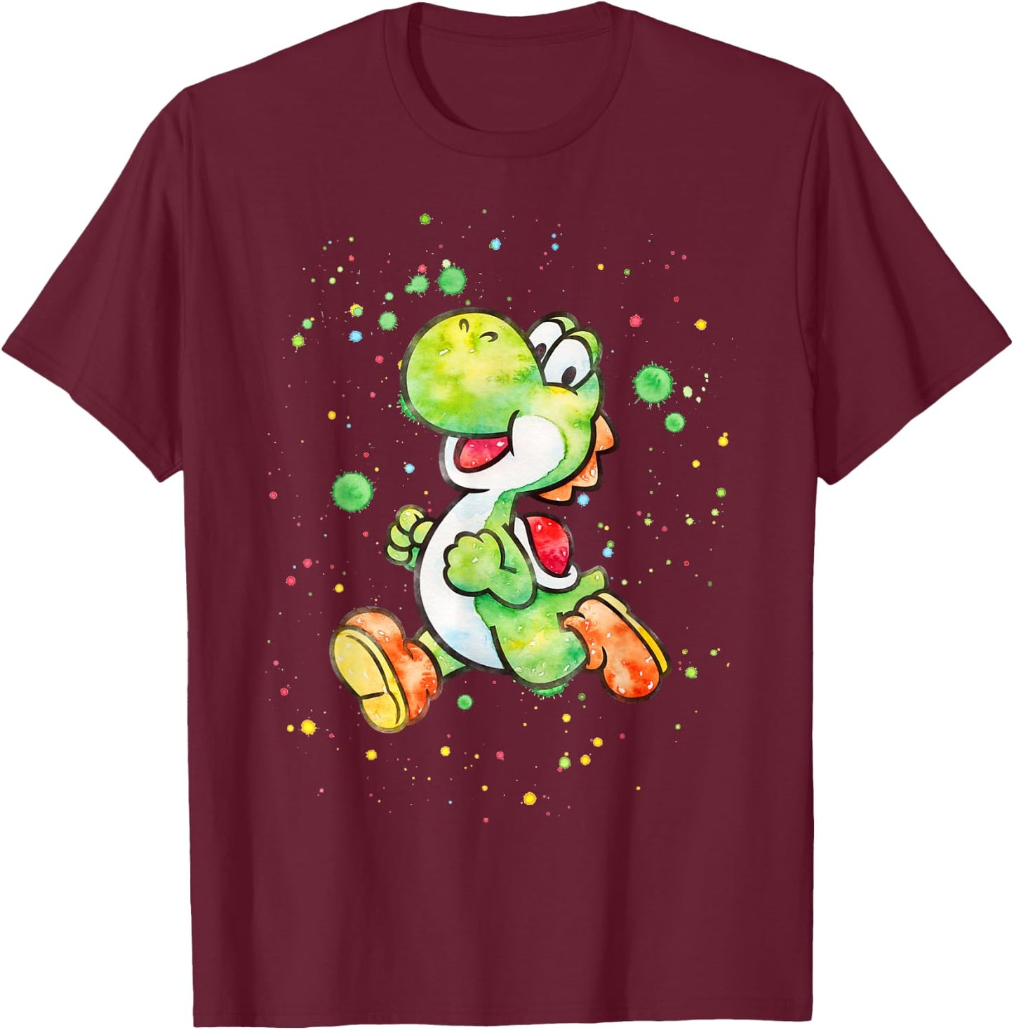 Super Mario Yoshi Watercolor Splatter Portrait T-Shirt - T-Shirt | Maroon